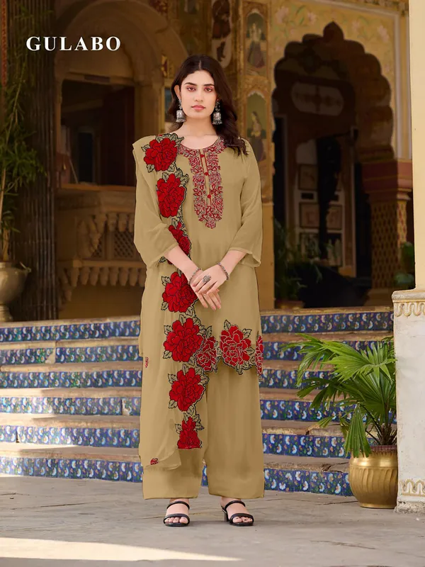 Beige_Georgette_With_Embroidery_&_Stone_Work_Kurta_Dupatta_Set_For_Women