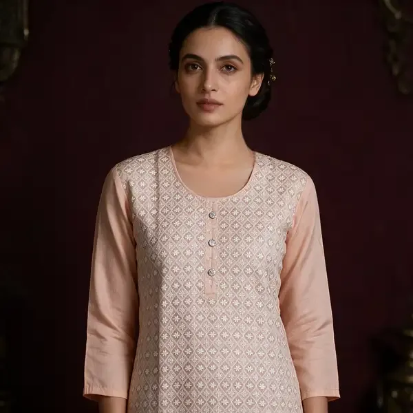 Grey_&_Pink_Silk_Kurti_For_Women