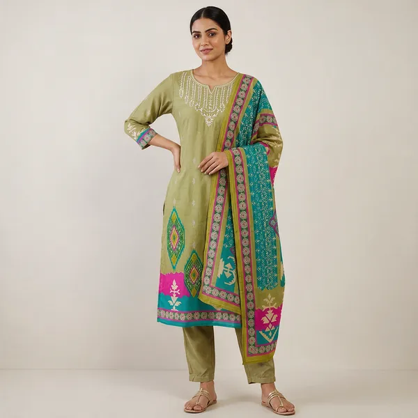 Green_Cotton_Kurta_Dupatta_Set_For_Women