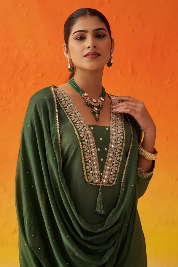 Green_Sparkle_Chinon_Kurta_Dupatta_Set_For_Women