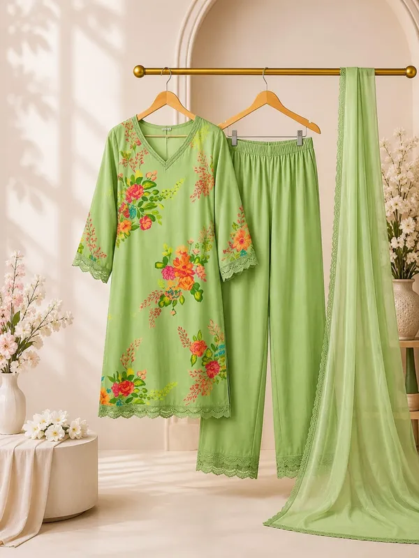 Green_Pure_Muslin_Kurta_Dupatta_Set_For_Women