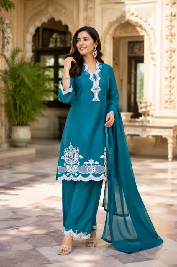 Teal_Barleen_Fabric_Kurta_Dupatta_Set_For_Women