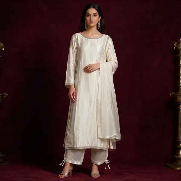 White_&_Silver_Cotton_Kurta_Dupatta_Set_For_Women