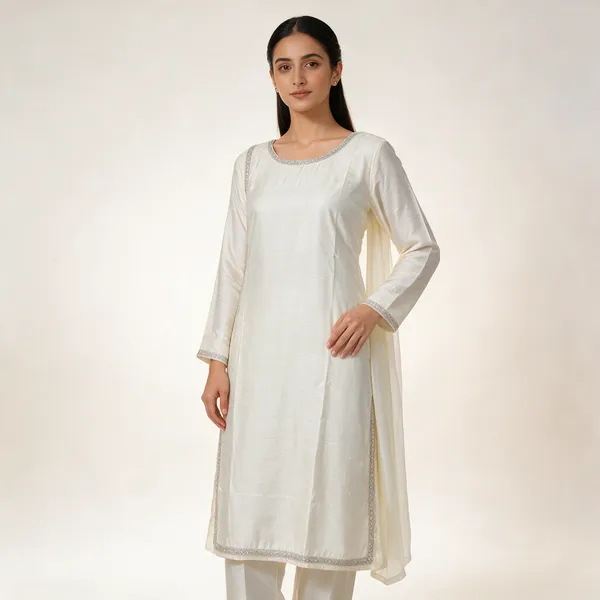 White_&_Silver_Cotton_Kurta_Dupatta_Set_For_Women