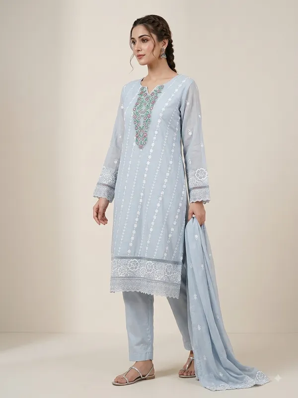 Light_Blue_Cotton_Kurta_Dupatta_Set_For_Women
