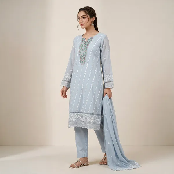 Light_Blue_Cotton_Kurta_Dupatta_Set_For_Women
