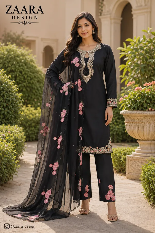 Black_Satin_Silk_Straight_Embroidered_Kurta_Set_For_Women