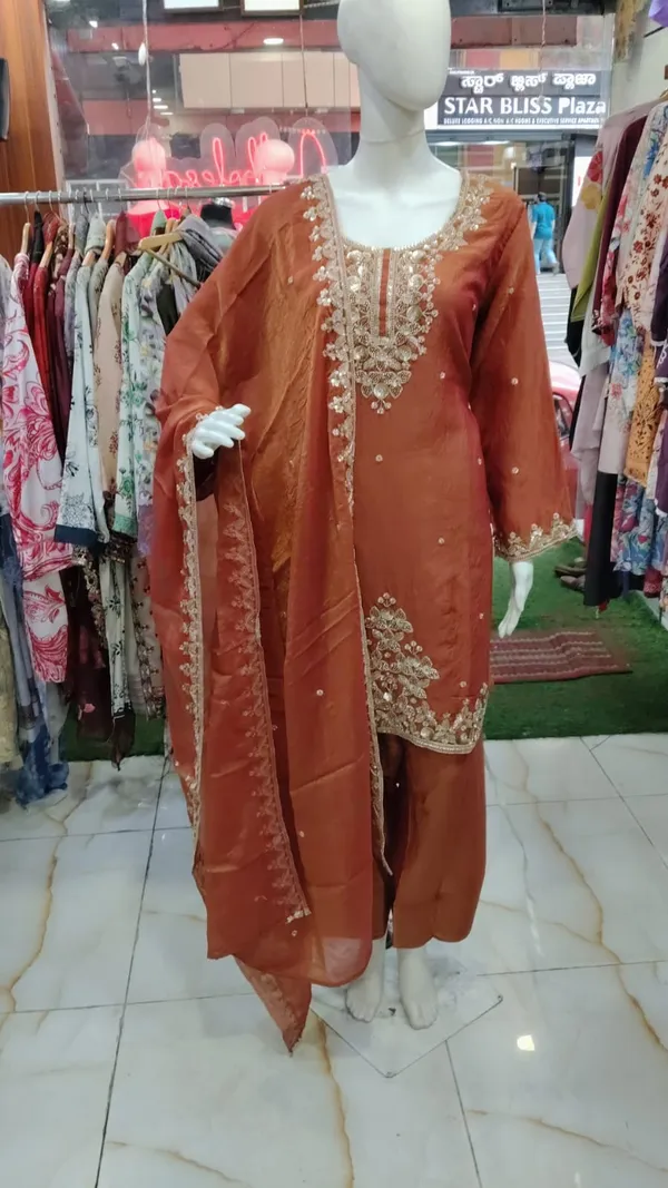 Rust_Shimmer_Straight_Embroidered_Kurta_Set_For_Women