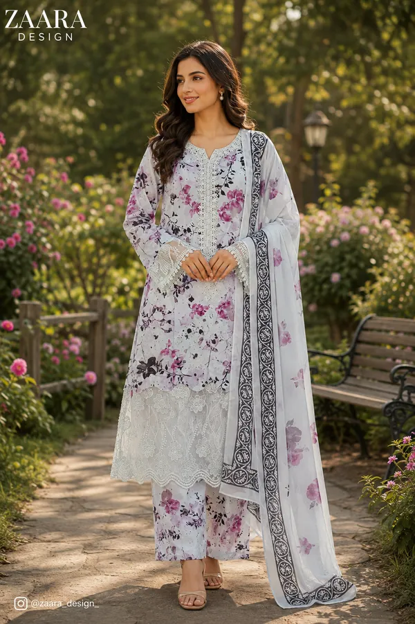 White_Lawn_Floral_Print_Kurta_Set_For_Women