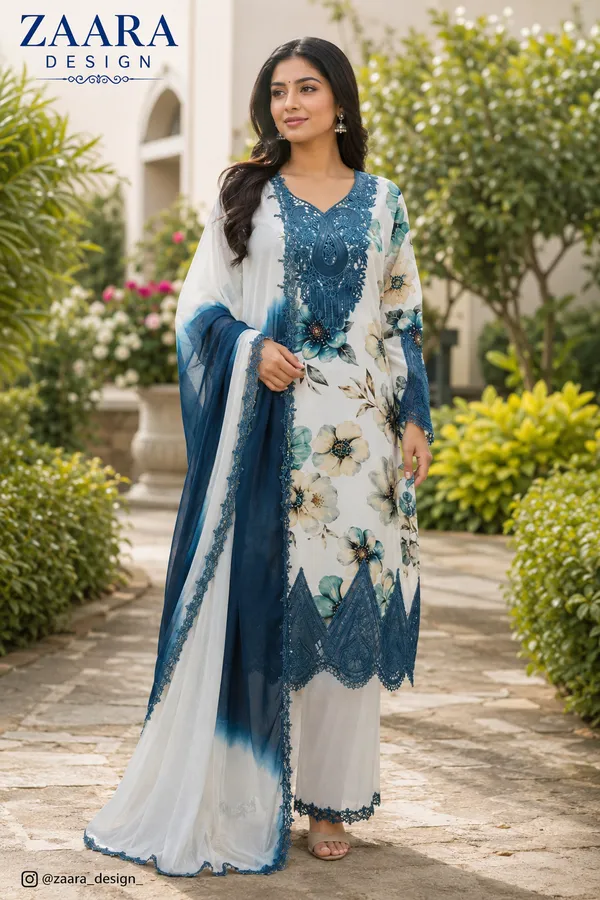 White_&_Blue_Lawn_Straight_Floral_Print_Kurta_Set_For_Women