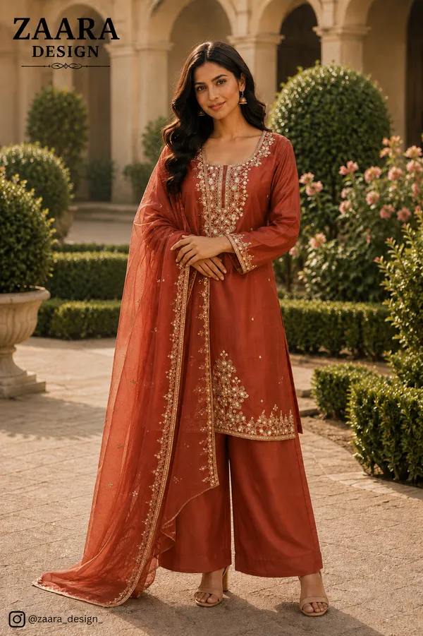 Rust_Shimmer_Straight_Embroidered_Kurta_Set_For_Women