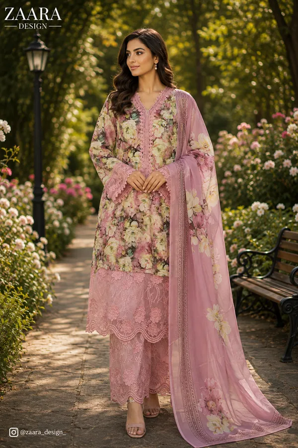 Pink_Lawn_Floral_Print_Three-Piece_Kurta_Set_For_Women