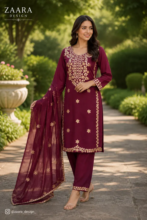 Maroon_Gota_Silk_Embroidered_Kurta_Set_For_Women