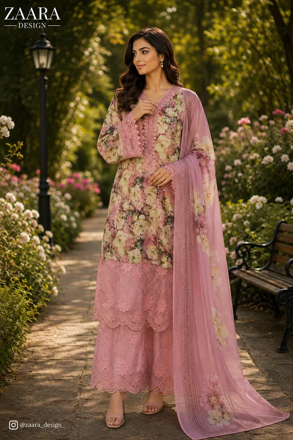 Pink_Lawn_Floral_Print_Three-Piece_Kurta_Set_For_Women