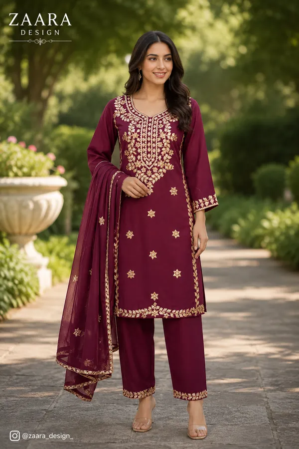 Maroon_Gota_Silk_Embroidered_Kurta_Set_For_Women
