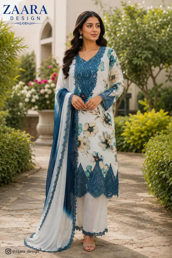 White_&_Blue_Lawn_Straight_Floral_Print_Kurta_Set_For_Women