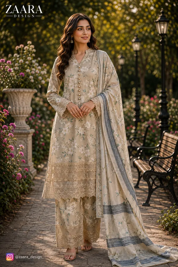 Beige_Lawn_Floral_Print_Embroidered_Kurta_Set_For_Women