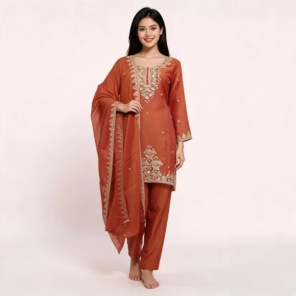 Rust_Shimmer_Straight_Embroidered_Kurta_Set_For_Women