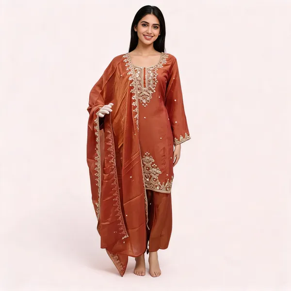 Rust_Shimmer_Straight_Embroidered_Kurta_Set_For_Women