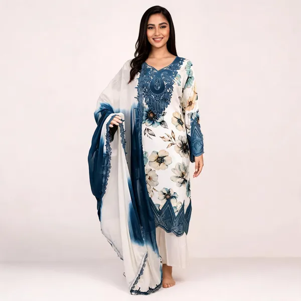 White_&_Blue_Lawn_Straight_Floral_Print_Kurta_Set_For_Women