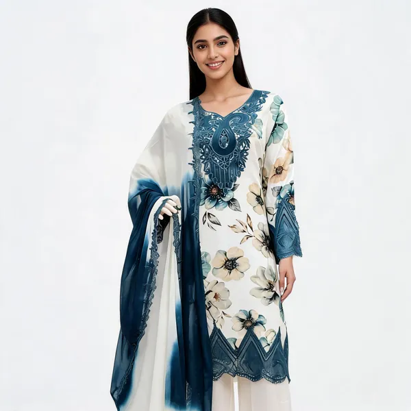 White_&_Blue_Lawn_Straight_Floral_Print_Kurta_Set_For_Women