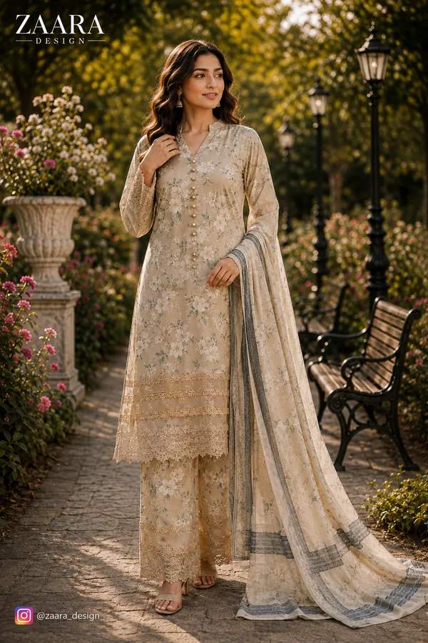 Beige_Lawn_Floral_Print_Embroidered_Kurta_Set_For_Women