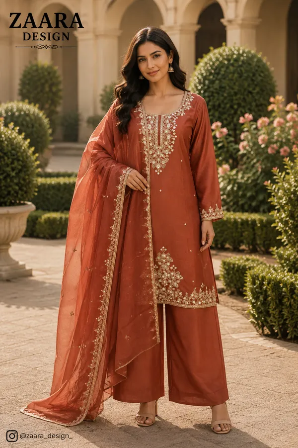 Rust_Shimmer_Straight_Embroidered_Kurta_Set_For_Women