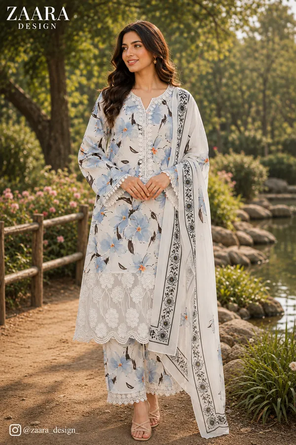 White_Lawn_Straight_Floral_Print_Kurta_Set_For_Women