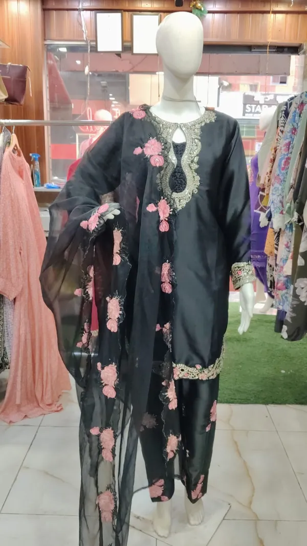 Black_Satin_Silk_Straight_Embroidered_Kurta_Set_For_Women