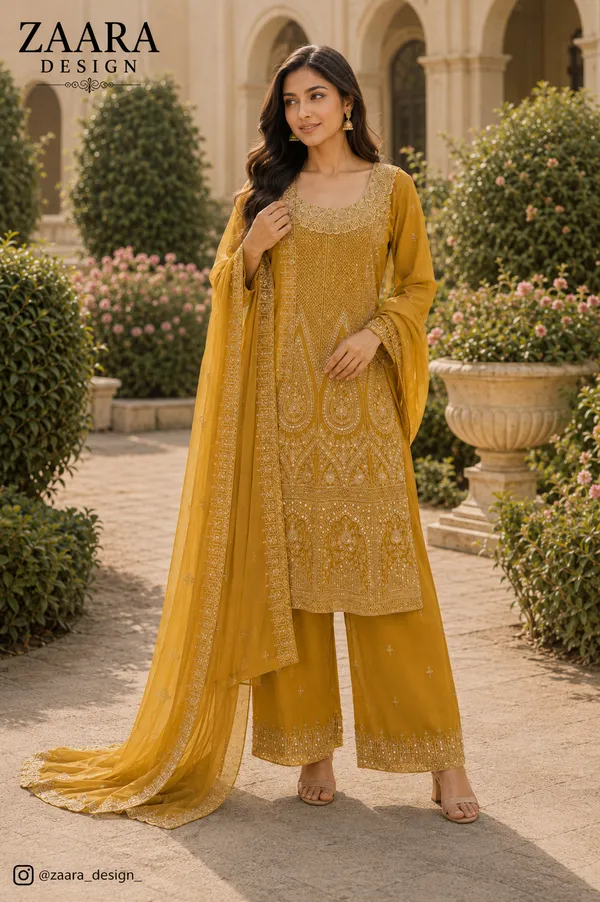 Mustard_Georgette_Straight_Embroidered_Kurta_Set_For_Women