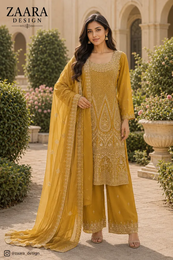Mustard_Georgette_Straight_Embroidered_Kurta_Set_For_Women