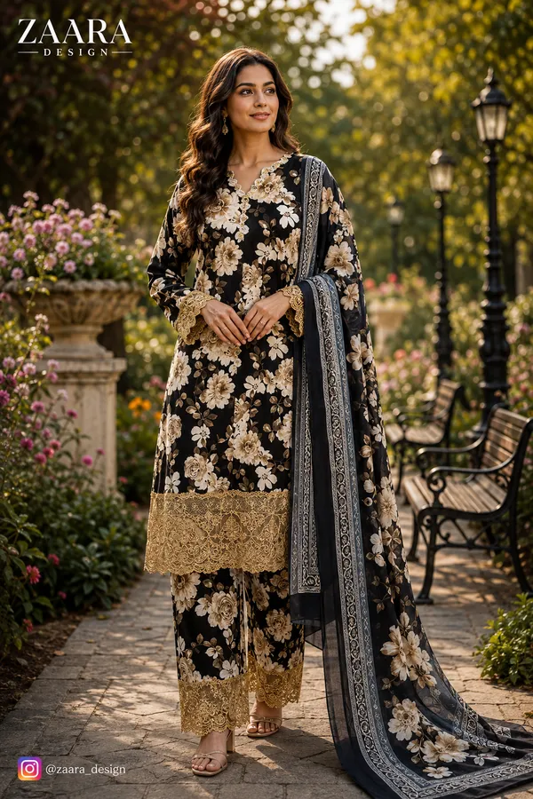 Black_Lawn_Floral_Print_Kurta_Set_For_Women