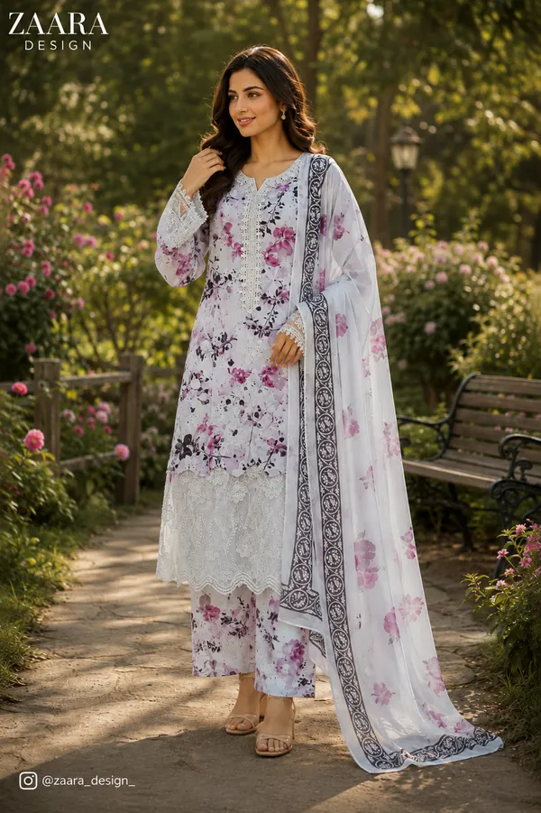 White_Lawn_Floral_Print_Kurta_Set_For_Women