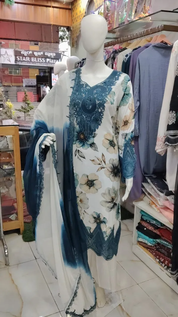 White_&_Blue_Lawn_Straight_Floral_Print_Kurta_Set_For_Women