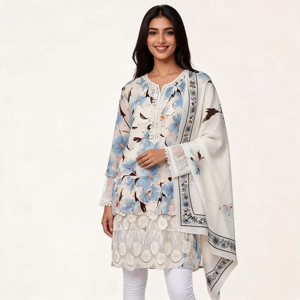 White_Lawn_Straight_Floral_Print_Kurta_Set_For_Women