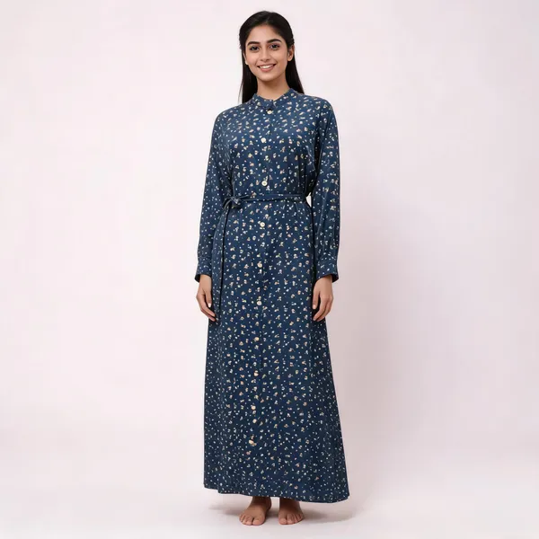 Dark_Blue_Ice_Crepe_Belted_Floral_Print_Maxi_Gown_For_Women