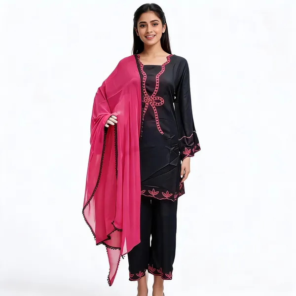 Black_Pink_Chiffon_Embroidered_Kurta_Set_For_Women