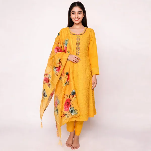 Yellow_Silk_Straight_Floral_Print_Kurta_Set_For_Women