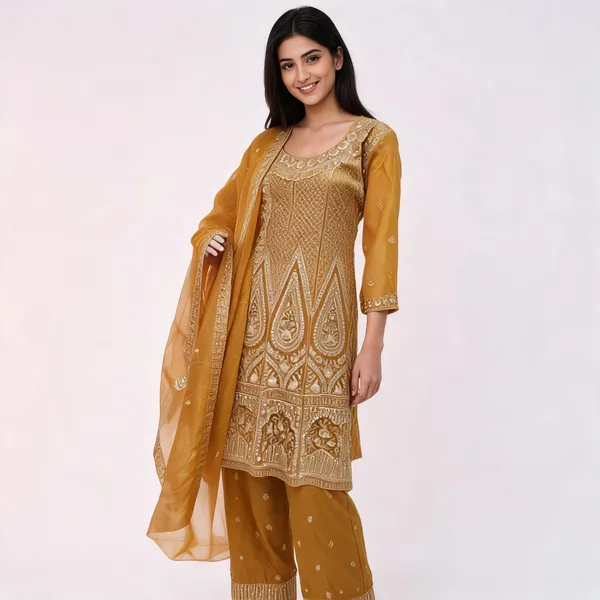 Mustard_Georgette_Straight_Embroidered_Kurta_Set_For_Women