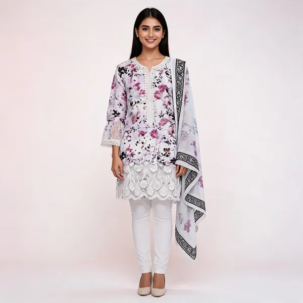 White_Lawn_Floral_Print_Kurta_Set_For_Women