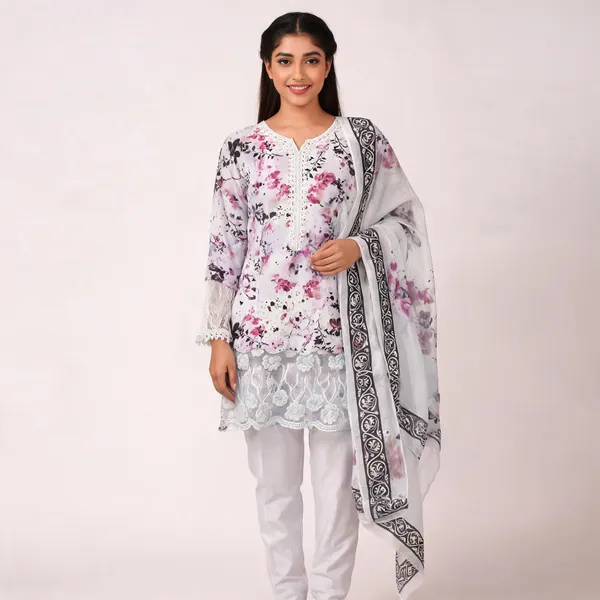 White_Lawn_Floral_Print_Kurta_Set_For_Women