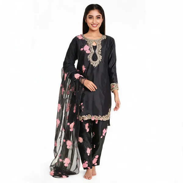 Black_Satin_Silk_Straight_Embroidered_Kurta_Set_For_Women