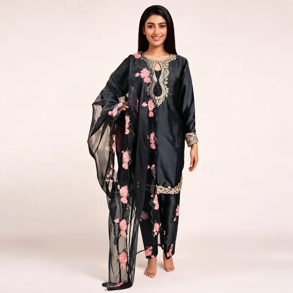 Black_Satin_Silk_Straight_Embroidered_Kurta_Set_For_Women