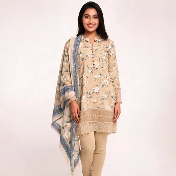 Beige_Lawn_Floral_Print_Embroidered_Kurta_Set_For_Women