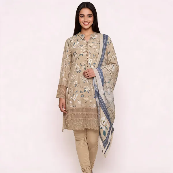 Beige_Lawn_Floral_Print_Embroidered_Kurta_Set_For_Women
