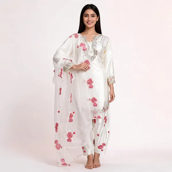 White_Satin_Silk_Straight_Embroidered_Kurta_Set_For_Women