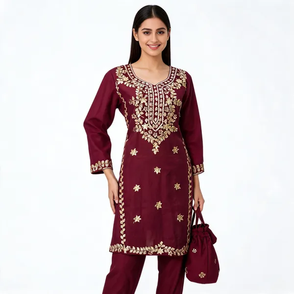Maroon_Gota_Silk_Embroidered_Kurta_Set_For_Women