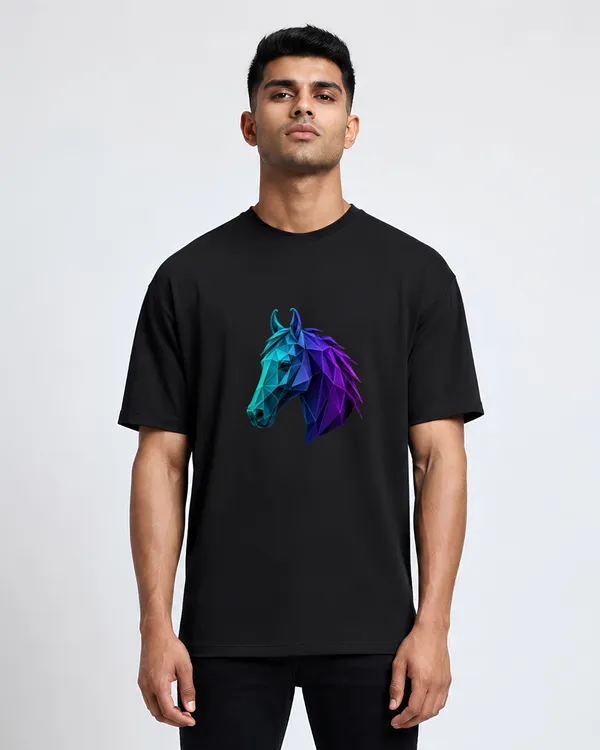 Stichix_Neon_Polygon_Horse_Oversized_Black_T_Shirt_Geometric_Horse_Graphic_Streetwear_Tee