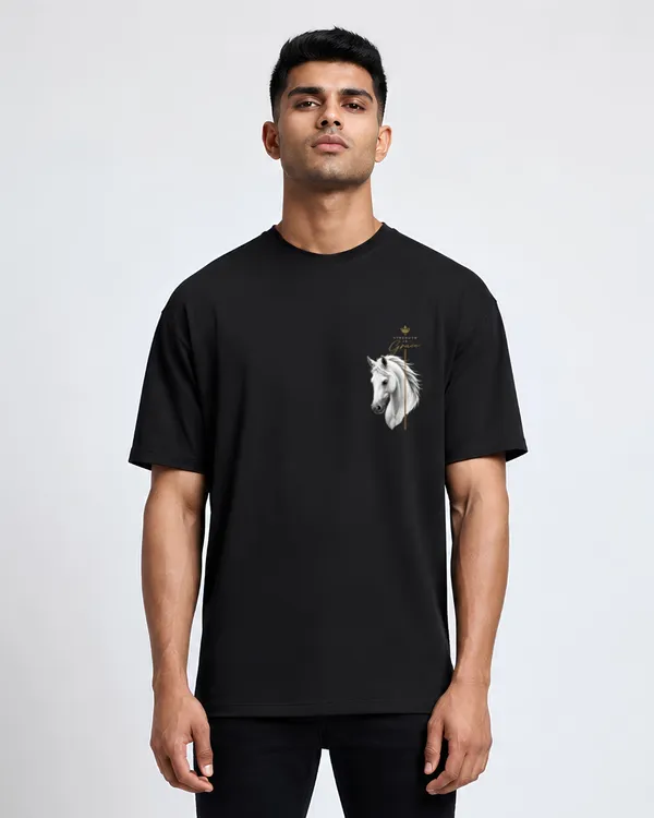Stichix_Strength_Grace_Horse_Oversized_Black_T_Shirt_Minimalist_White_Horse_Graphic_Tee