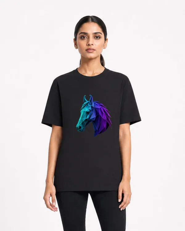 Geometric_Neon_Horse_Graphic_Oversized_Black_T_Shirt_For_Women_Modern_Polygon_Art_Casual_Tee